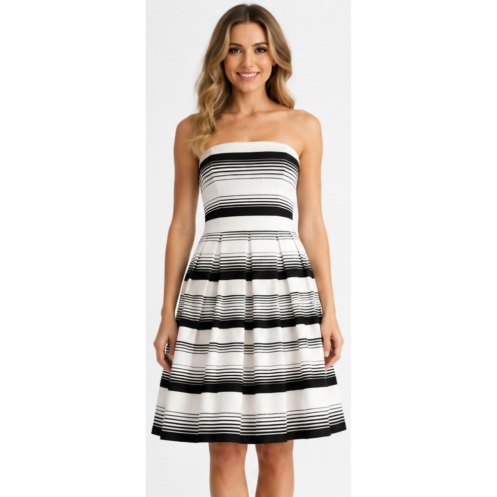 WHITE HOUSE BLACK MARKET Strapless Black White Striped Fit & Flare Dress Size 8